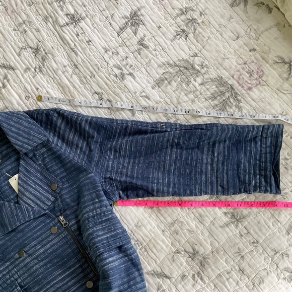 NWT Ann Taylor LOFT Denim Moto Jacket Blue Stripe Turn-up Sleeves Pockets Snaps - Picture 5 of 8